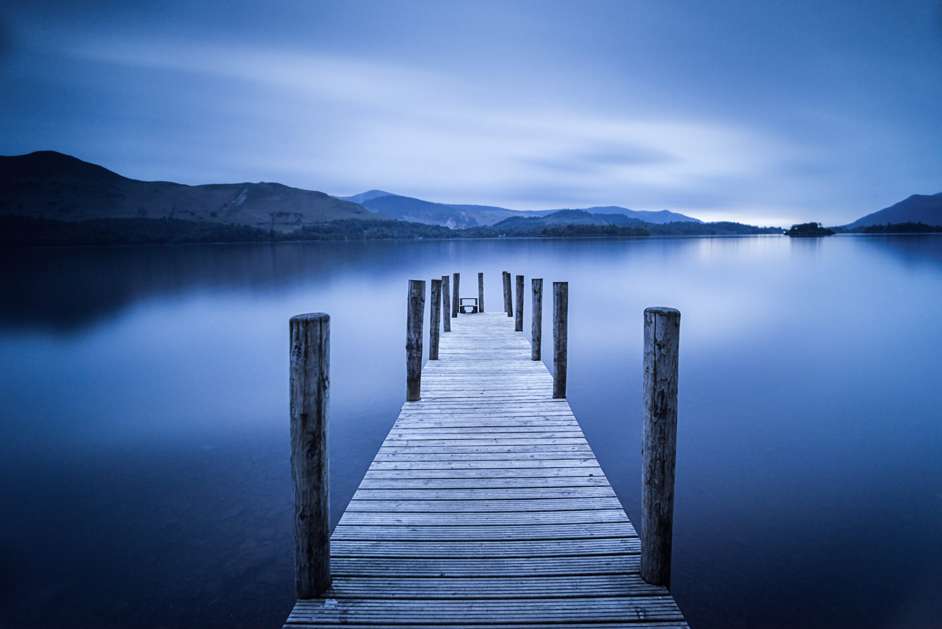 England Landscape Photography Photographer Pier at Derwent Water Derwentwater at sunset Lake District Cumbria England UK Europe