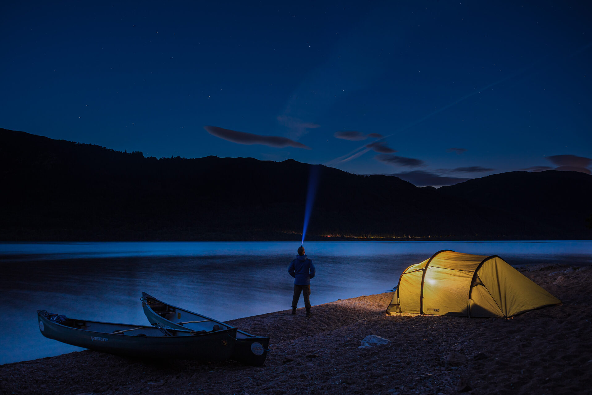 Scotland Adventure Travel Photography Camping at Loch Ness at night while canoeing the Caledonian Canal Scottish Highlands Scotland United Kingdom Europe